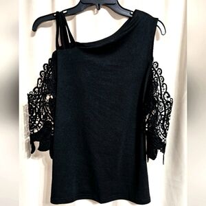 Elegant Black Cold Shoulder Lace Sleeve Women's Top